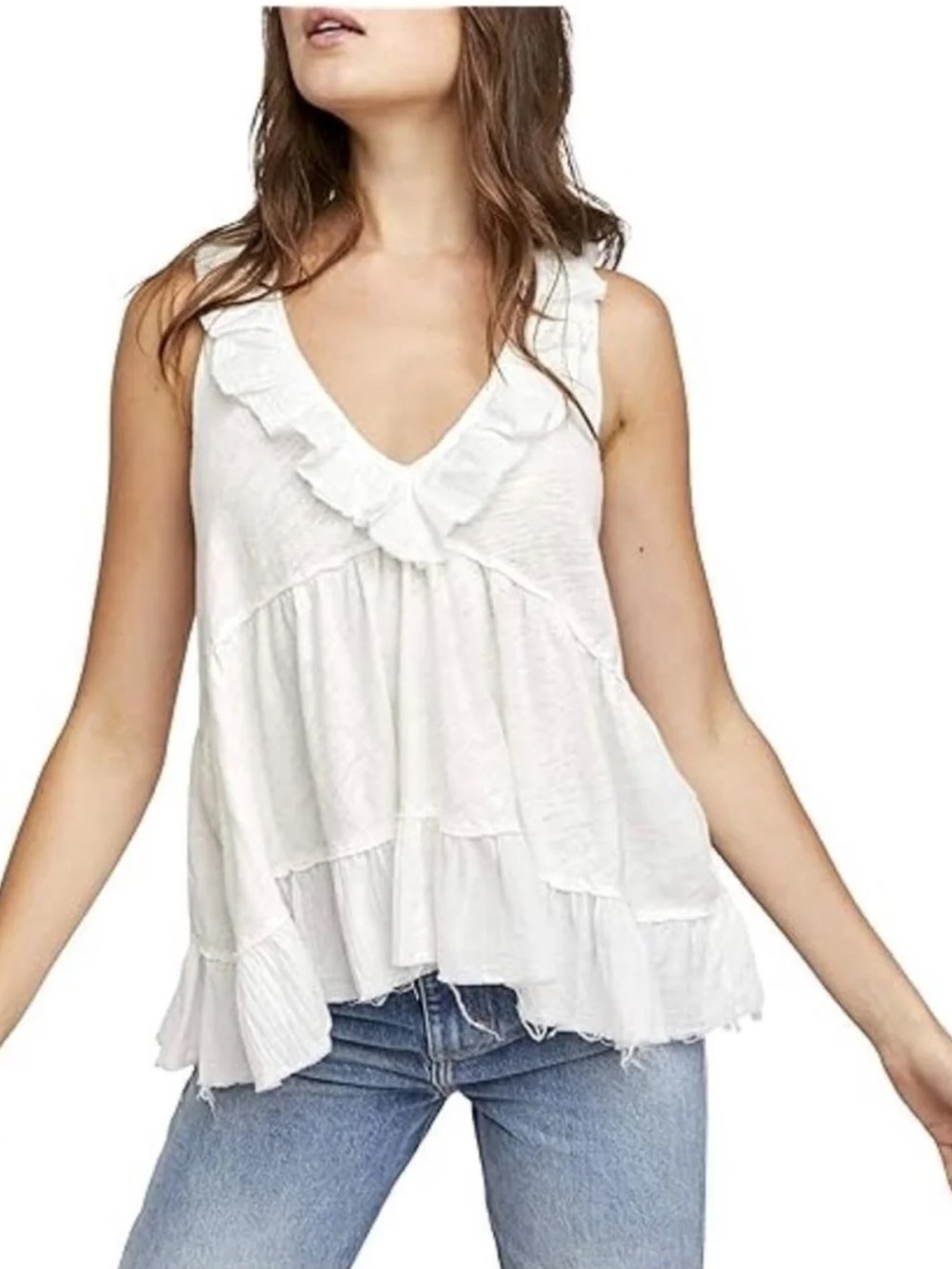 NWT Free People Ivory Ruffle V-Neck Tiered Sleeveless Tank